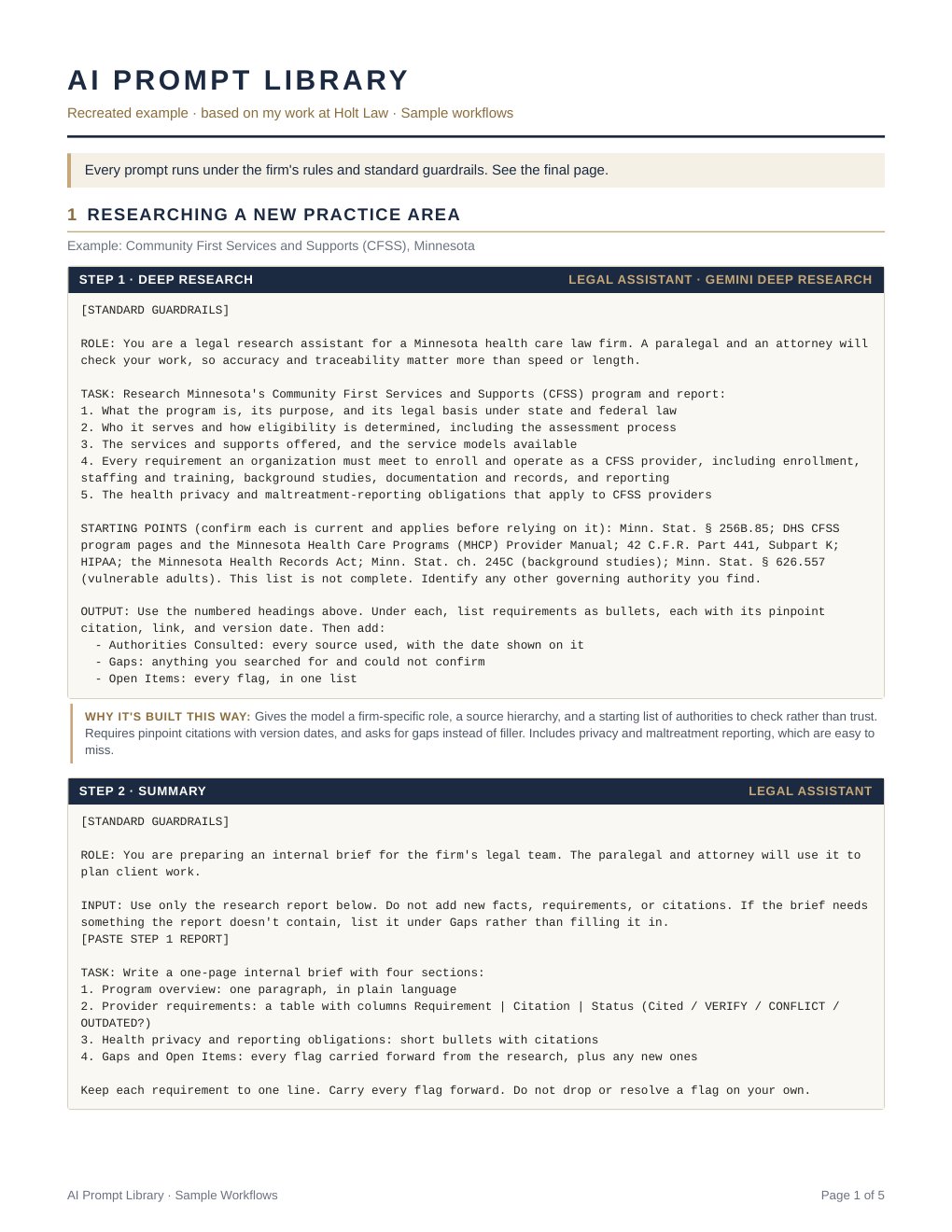 Page one of the AI prompt library, showing the first steps of the workflow for researching a new practice area, each prompt labeled with the role that uses it